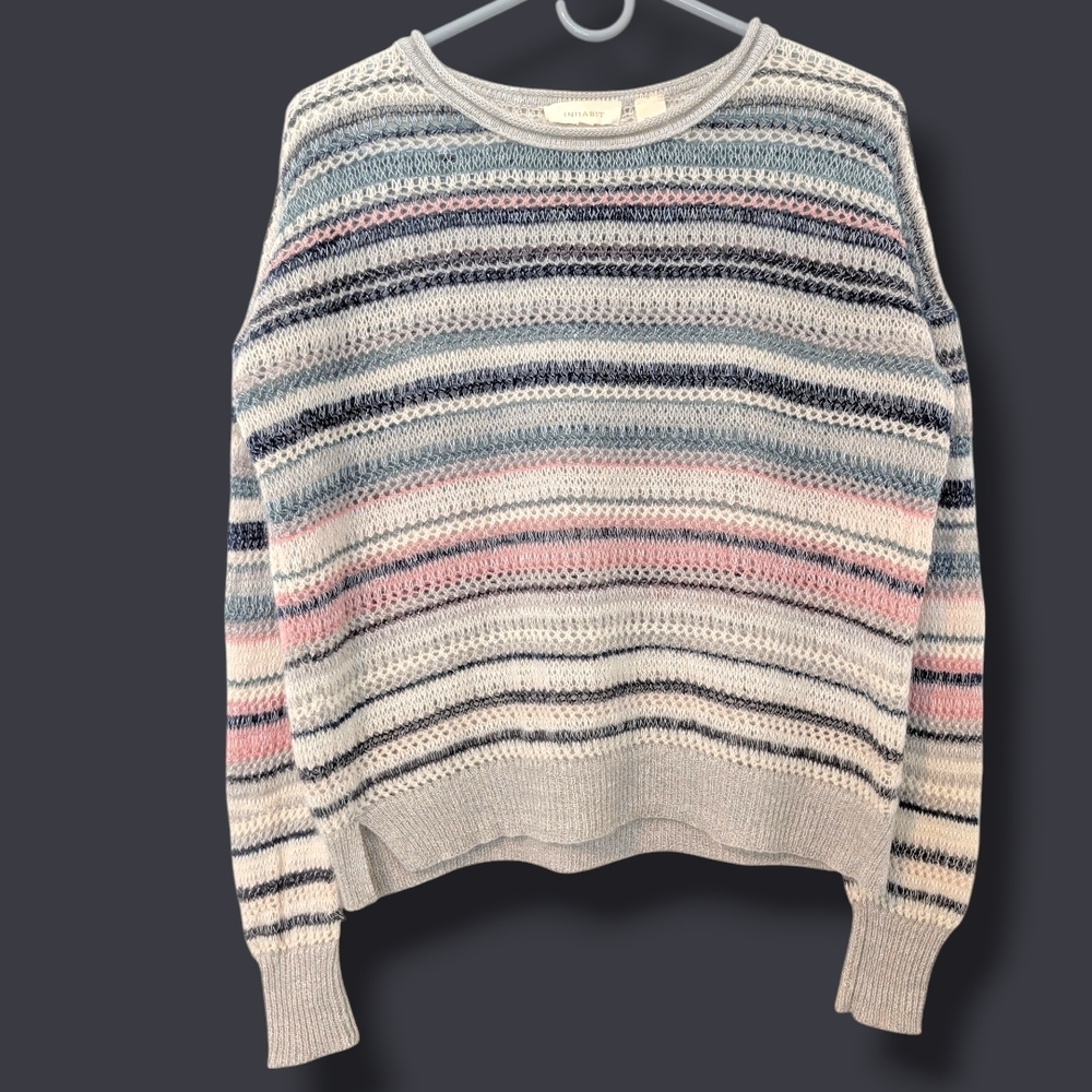 Inhabit Multi Stripe Cashmere Linen Sheer Open Knit Crewneck Sweater SM